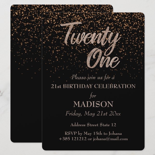 Invitación 21.ª Purpurina de oro de cumpleaños (Anverso / Reverso)