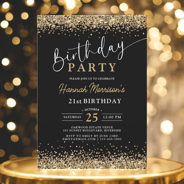 Invitación 21.ª Purpurina de oro negro cualquier cumpleaños d (Subido por el creador)
