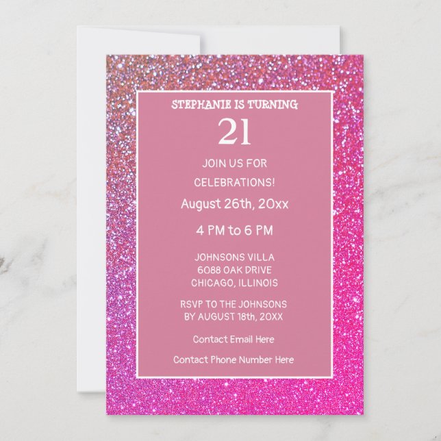 Invitación 21.ª Purpurina de oro rosa de cumpleaños Sparkle (Anverso)