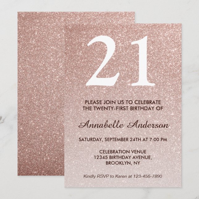 Invitación 21.ª Purpurina de oro rosa de cumpleaños Sparkle O (Anverso / Reverso)