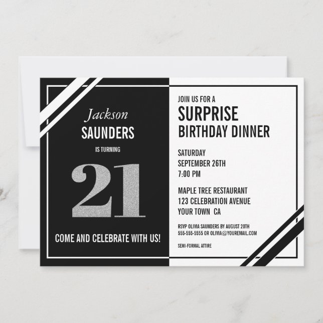Invitación 21.ª sorpresa Cumpleaños Moderno Cena Blanca Negra (Anverso)