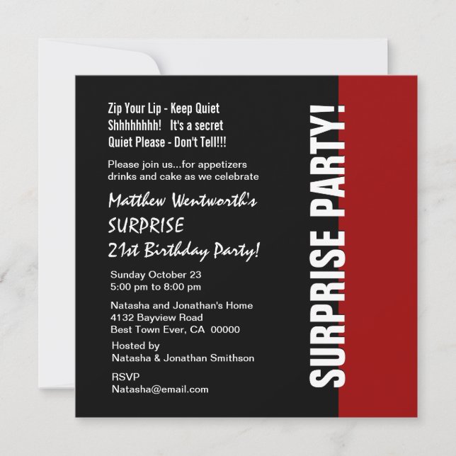 Invitación 21.ª SORPRESA Cumpleaños moderno rojo blanco W925 (Anverso)