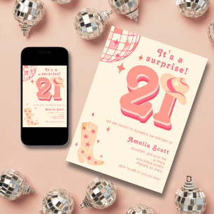 Invitación 21.ª Sorpresa Cumpleaños Retro Disco Cowgirl Rosa