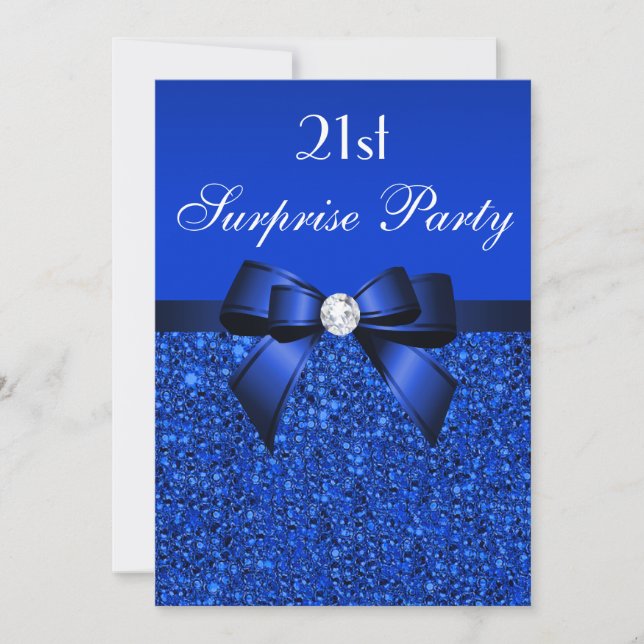 Invitación 21.ª sorpresa Cumpleaños Royal Blue Sequins y Bow (Anverso)
