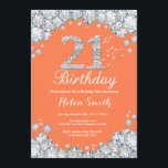 Invitación 21.º cumpleaños Coral y diamante plateado<br><div class="desc">Invitación al cumpleaños 21. Diamante Diamante de imitación de Coral y Plata. Elegante invitación de Bash de cumpleaños. Cumpleaños de adultos. Cumpleaños de las mujeres. Cumpleaños de los hombres. Para una mayor personalización,  haga clic en el botón "Personalizar" y utilice nuestra herramienta de diseño para modificar esta plantilla.</div>