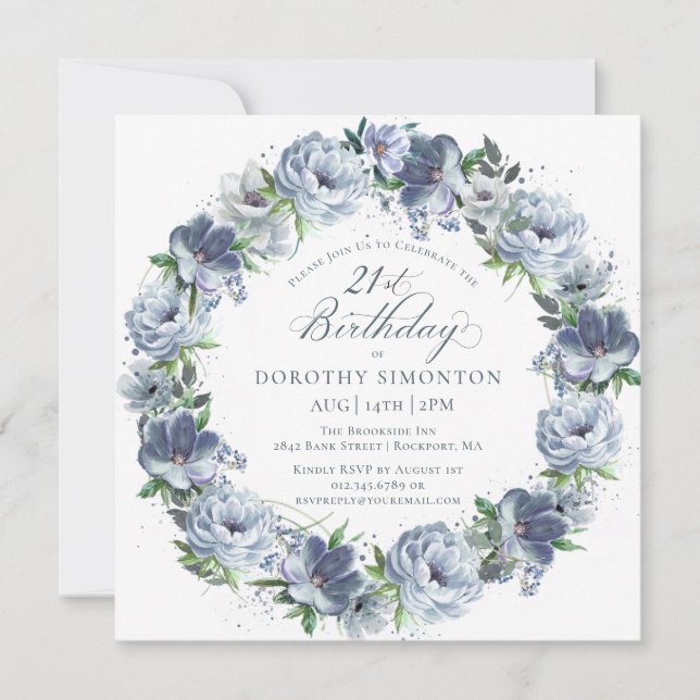 Invitación 21.º cumpleaños Dusty Blue Flower Wreath (Anverso)
