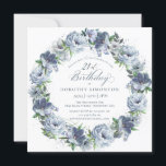 Invitación 21.º cumpleaños Dusty Blue Flower Wreath<br><div class="desc">Rosas azules y peonías de color agua suave crean una corona de primavera de bonito para decorar esta invitación de 21 años. La tipografía añade una estética elegante. Esta elegante invitación de cumpleaños está disponible en el material tradicional y en una versión descargable. Forma parte de la colección Dusty Blue...</div>