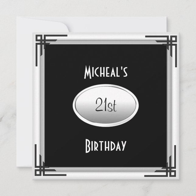 Invitación 21.º cumpleaños elegantes hombres de plata blanca  (Anverso)