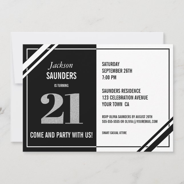 Invitación 21.º cumpleaños Fiesta blanco y negro moderno (Anverso)