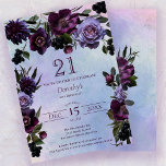 Invitación 21.º cumpleaños Moody Flor gótica morada<br><div class="desc">Rosas morados y lavanda oscuros, peonías y bayas crean un ambiente gótico. El follaje denso se suma al drama, mientras que un suave lavabo de color morado, azul y rosa aporta un suave toque femenino y evita que sea demasiado oscuro. La parte posterior es tan bonito como la delantera, con...</div>