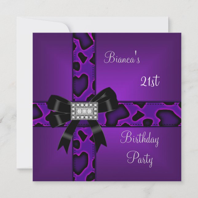 Invitación 21.º cumpleaños Morado Wild Black Bow Diamantes (Anverso)