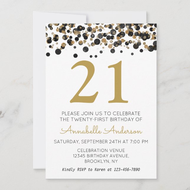 Invitación 21.º cumpleaños Purpurina de oro negro Sparkle Con (Anverso)