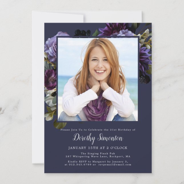 Invitación 21.ᵉʳ Fiesta Foto Moody Purple Floral (Anverso)