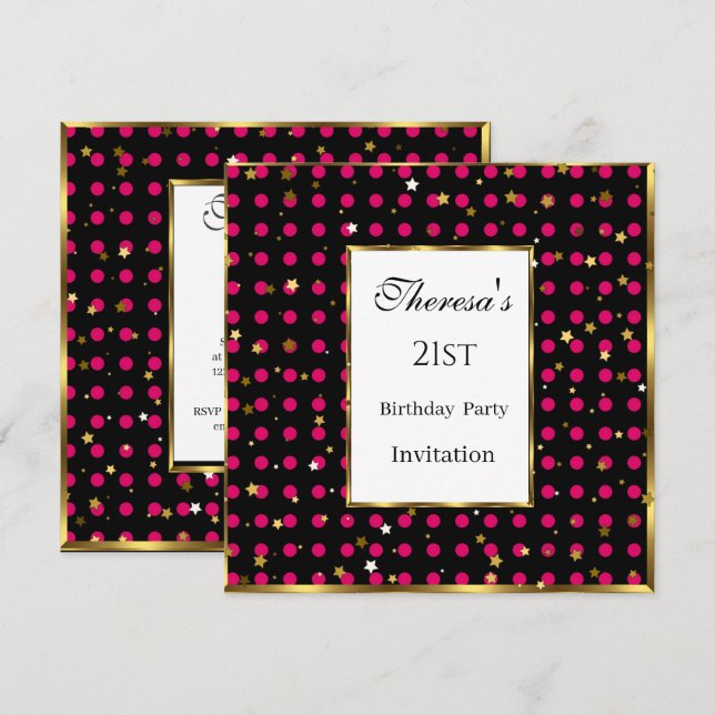 Invitación 21.ᵉʳ Hot Pink Polka Dots Gold Stars Cumpleaños (Anverso / Reverso)