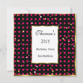 Invitación 21.ᵉʳ Hot Pink Polka Dots Gold Stars Cumpleaños