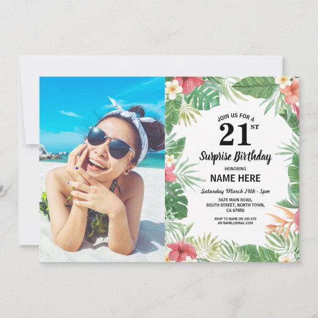 Invitación 21.18.30.40 Fiesta de cumpleaños foto tropical (Anverso)