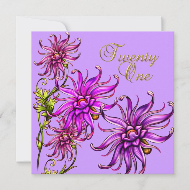 Invitación 21 21º cumpleaños Elegante Floral Blanco Púrpura R (Anverso)
