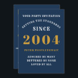 Invitación 21 Aniversario 2004 Oro Azul Personalizado Para Él<br><div class="desc">Para los nacidos en 2004 y celebrando su fiesta de 21 años tenemos la tarjeta de invitación ideal para su cumpleaños. El fondo azul, blanco y dorado, es sobrio y elegante. Personalizar fácilmente el texto en la parte delantera y trasera de esta tarjeta de invitación de cumpleaños utilizando la plantilla...</div>
