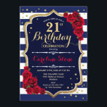 Invitación 21 Aniversario - Bandas blancas de la marina y ros<br><div class="desc">Invitación de cumpleaños 21 Elegante diseño rojo blanco marino con falso purpurina. Armada y rayas blancas con rosas rojas. Perfecto para una elegante fiesta de cumpleaños.</div>
