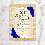 Invitación 21 Aniversario - Bandas de oro Rosas azules reales<br><div class="desc">Invitación al cumpleaños 21. Diseño elegante en oro y azul real. Presenta franjas de oro purpurina falsas,  letra de guión elegante para rosas de zafiro y confeti. Perfecto para una fiesta de cumpleaños glam.</div>