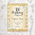 Invitación 21 Aniversario - Bandas de oro Rosas Blancas<br><div class="desc">Invitación al cumpleaños 21. Elegante diseño floral en oro y blanco. Presenta franjas de oro purpurina falsas,  letra de guión elegante de rosas blancas y confeti. Perfecto para una fiesta de cumpleaños glam.</div>