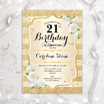 Invitación 21 Aniversario - Bandas de oro Rosas Blancas<br><div class="desc">Invitación al cumpleaños 21. Elegante diseño floral en oro y blanco. Presenta franjas de oro purpurina falsas,  letra de guión elegante de rosas blancas y confeti. Perfecto para una fiesta de cumpleaños glam.</div>