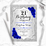 Invitación 21 Aniversario - Bandas plateadas Rosas azules rea<br><div class="desc">Invitación al cumpleaños 21. Elegante diseño floral en plata y azul real. Presenta franjas de plata purpurina falsas,  rosas de zafiro con letra de guión elegante y confeti. Perfecto para una fiesta de cumpleaños glam.</div>