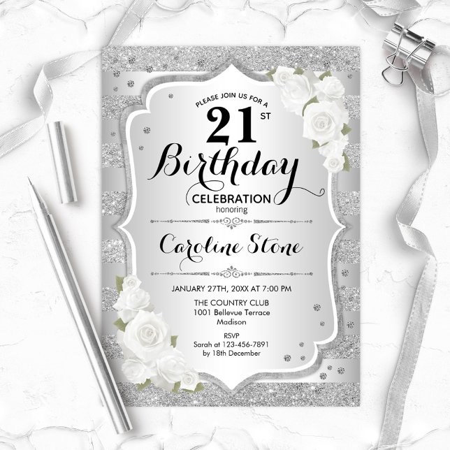 Invitación 21 Aniversario - Bandas Plateadas Rosas Blancas (Subido por el creador)