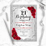 Invitación 21 Aniversario - Bandas Plateadas Rosas Rojas<br><div class="desc">Invitación al cumpleaños 21. Elegante diseño floral en plata y rojo. Presenta rayas plateadas purpurinas falsas,  letra de guión elegante de rosas rojas y confeti. Perfecto para una fiesta de cumpleaños glam.</div>
