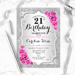Invitación 21 Aniversario - Bandas Plateadas Rosas Rosa<br><div class="desc">Invitación al cumpleaños 21. Elegante diseño floral en plata y rosa. Presenta rayas de plata purpurina falsas,  letra de guión elegante rosa y confeti. Perfecto para una fiesta de cumpleaños glam.</div>