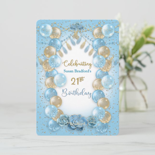 Invitación 21 Aniversario Del Diseño De Los Globos De Oro Azu (Anverso de pie)