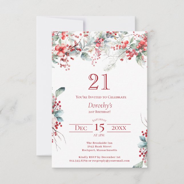 Invitación 21 Aniversario Elegante Berry Botánico de Invierno (Anverso)