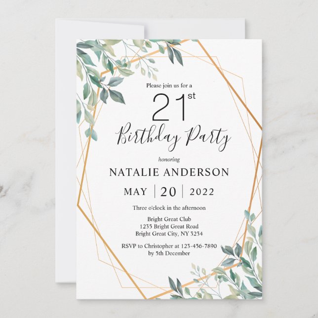 Invitación 21 Aniversario Elegante Eucalyptus Verdor y Oro (Anverso)