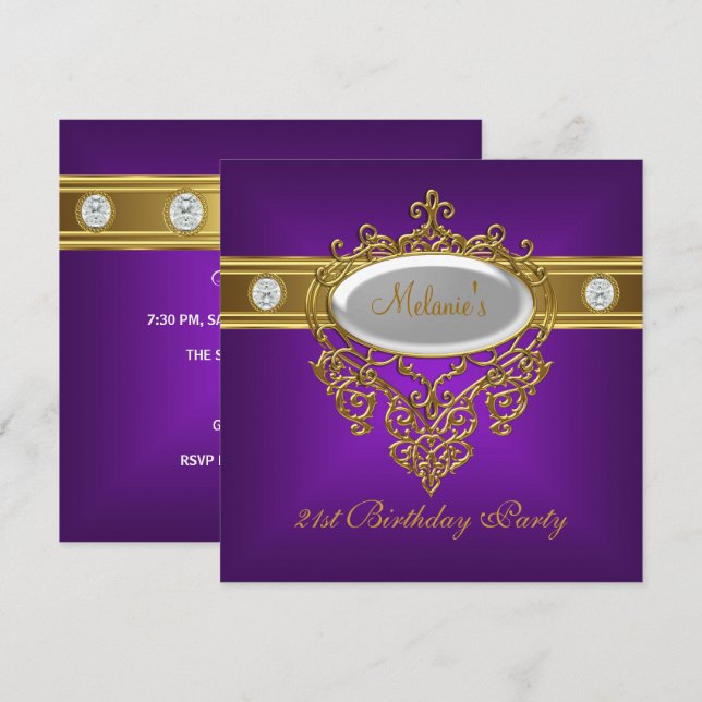 Invitación 21 Aniversario Elegante Oro Blanco Morado (Anverso / Reverso)