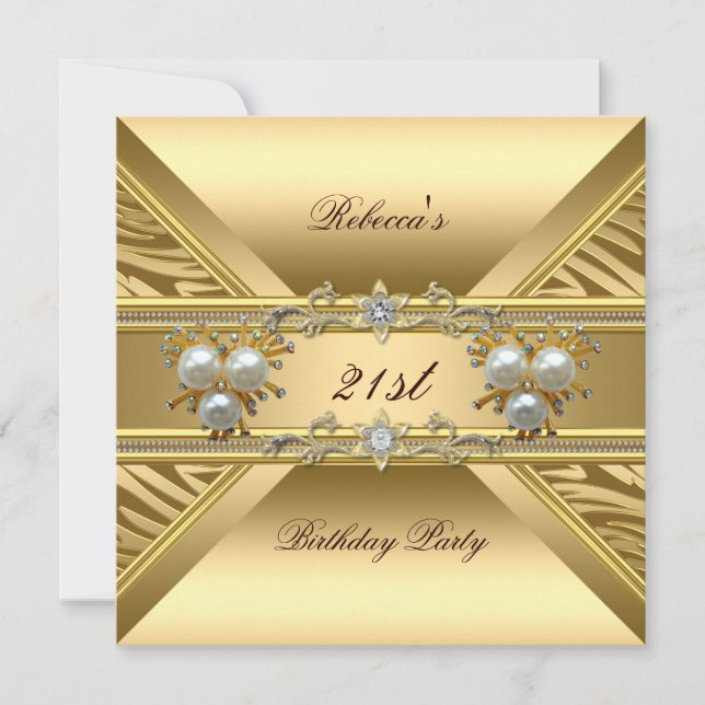 Invitación 21 Aniversario Elegante Zebra Gold Pearl Jewels (Anverso)