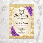 Invitación 21 Aniversario - Golpes de oro Rosas morados<br><div class="desc">Invitación al cumpleaños 21. Diseño elegante en oro y morado. Presenta franjas de oro purpurina falsas,  rosas púrpura y letra de guión elegante y confetti. Perfecto para una fiesta de cumpleaños glam.</div>