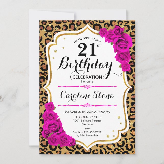 Invitación 21 Aniversario - Impresión de Leopardo de Oro Rosa (Anverso)