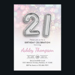 Invitación 21 Aniversario - Luces rosadas de globos plateados<br><div class="desc">Invitación a la fiesta de cumpleaños 21. Elegante diseño en una falsa plata purpurina con luces rosa pastel y violeta. La tarjeta de invitación contiene 21 globos plateados y fuente de guión. Perfecto para una elegante celebración de cumpleaños. Mándame un mensaje si necesitas edad personalizado.</div>