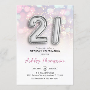 Invitación 21 Aniversario - Luces rosadas de globos plateados