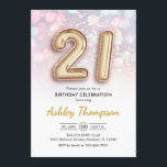 Invitación 21 Aniversario - Luces rosadas de los globos de or<br><div class="desc">Invitación a la fiesta de cumpleaños 21. Elegante diseño en falso oro purpurina con luces rosa pastel y violeta. La tarjeta de invitación incluye el número de oro 21 globos y el tipo de letra del guión. Perfecto para una elegante celebración de cumpleaños. Mándame un mensaje si necesitas edad personalizado....</div>