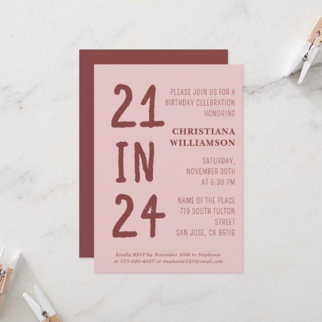 Invitación 21 Aniversario moderno de 21 en fiesta de cumpleañ (Anverso/Reverso In Situ)