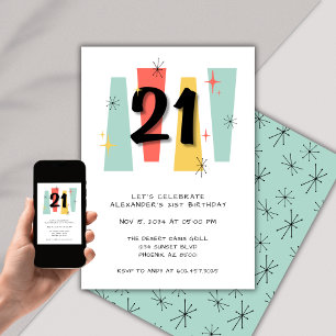 Invitación 21 Aniversario Retro Siglo Moderno Colorido