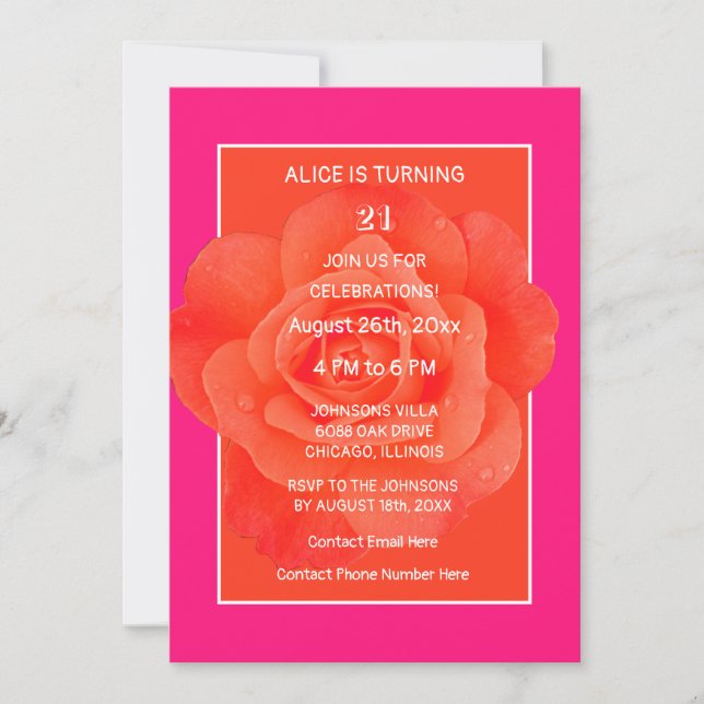 Invitación 21 Aniversario Rosa Naranja Rosa Floral Moderno (Anverso)