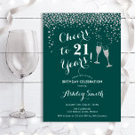 Invitación 21 Aniversario - Saludos A 21 Años De Plata Verde<br><div class="desc">Invitación al cumpleaños 21. ¡Saludos A 21 Años! Diseño elegante en verde esmeralda,  blanco y plateado. Incluye gafas de champán,  letra de guión y confeti de plata purpurina. Perfecto para una elegante fiesta de cumpleaños. Personaliza con tus propios detalles. Se puede personalizar para mostrar cualquier edad.</div>