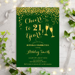 Invitación 21 Aniversario - Saludos A 21 Años De Verde Oro<br><div class="desc">Invitación al cumpleaños 21. ¡Saludos A 21 Años! Elegante diseño en verde y dorado. Incluye gafas de champán,  letra de guión y confeti. Perfecto para una elegante fiesta de cumpleaños. Personaliza con tus propios detalles. Se puede personalizar para mostrar cualquier edad.</div>