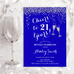 Invitación 21 Aniversario - Saludos Al Azul Real De 21 Años<br><div class="desc">Invitación al cumpleaños 21. ¡Saludos A 21 Años! Diseño elegante en azul real,  blanco y plateado. Incluye gafas de champán,  letra de guión y confeti de plata purpurina. Perfecto para una elegante fiesta de cumpleaños. Personaliza con tus propios detalles. Se puede personalizar para mostrar cualquier edad.</div>
