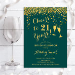 Invitación 21 Aniversario - Saludos Al Verde Esmeralda De 21<br><div class="desc">Invitación al cumpleaños 21. ¡Saludos A 21 Años! Diseño elegante en verde esmeralda y oro. Incluye gafas de champán,  letra de guión y confeti. Perfecto para una elegante fiesta de cumpleaños. Personaliza con tus propios detalles. Se puede personalizar para mostrar cualquier edad.</div>