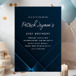 Invitación 21 Aniversario Simple Moderno Geométrico Azul Oscu<br><div class="desc">Invitación de cumpleaños 21ª azul oscuro moderno y Minimalista con un sofisticado patrón geométrico de neón. En realidad aparece un texto blanco brillante en el fondo azul oscuro.</div>