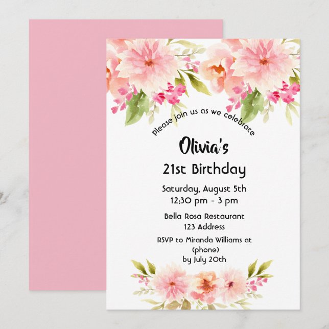 Invitación 21 años coral dahlia flores rosa pastel (Anverso / Reverso)