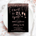 Invitación 21 Años De Regalo A 21 Años De Rosa De Oro Negro<br><div class="desc">Invitación al cumpleaños 21. ¡Saludos A 21 Años! Elegante diseño en oro negro y rosa. Incluye gafas de champán,  letra de guión y confeti. Perfecto para una elegante fiesta de cumpleaños. Personaliza con tus propios detalles. Se puede personalizar para mostrar cualquier edad.</div>